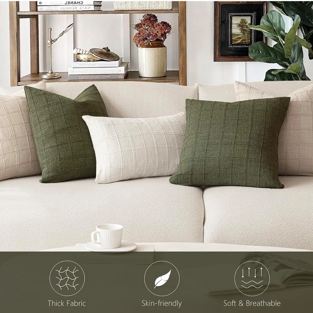 Foindtower Set of 2 Decorative Linen Check Throw Pillow Covers new